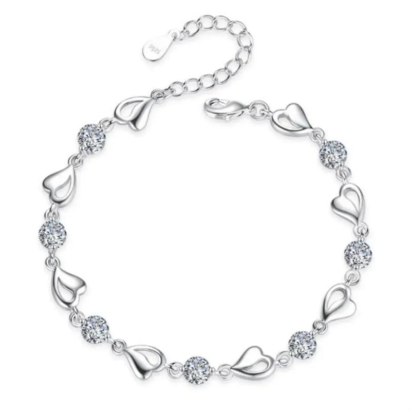 Sterling Silver Heart Bracelet – 925 Korean Pink Crystal Charm Jewelry with Romantic Design for Women, Parties, Anniversaries and Gifts