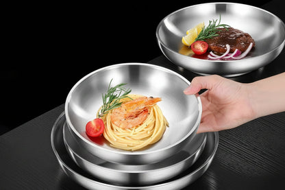 Stainless Steel Banquet Plate – Ultra-Thick Heat-Insulated, Fall-Resistant Dinner Dish with LFGB Certification for Kids, Families, Camping and Everyday Meals