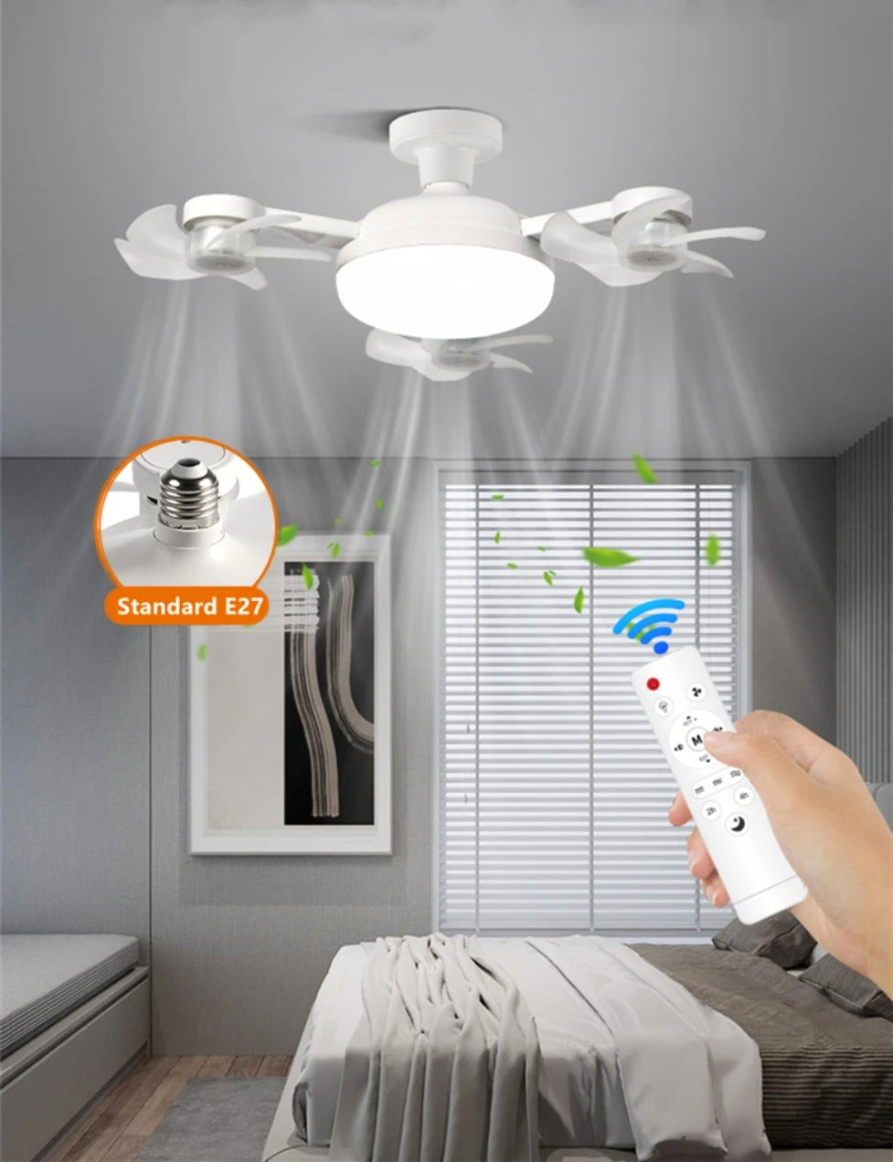 Drone-Style Ceiling Fan Light – 2-in-1 E27 LED Fan Lamp with Remote Control and Three Colors for Home, Dining and Restaurant Spaces