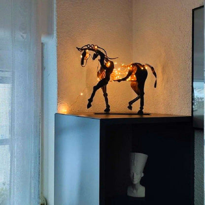 LED Metal Horse Statue – Rustic Decorative Horse Sculpture with Warm Lighting for Home Office Desk Display