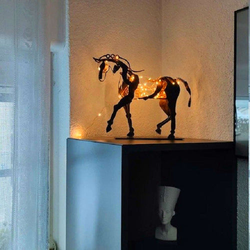 LED Metal Horse Statue – Rustic Decorative Horse Sculpture with Warm Lighting for Home Office Desk Display