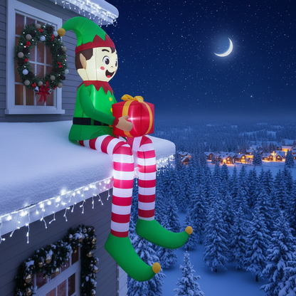 Inflatable Sitting Elf Decoration – 2.5M LED Outdoor Christmas Yard Display with Gift Box for Holiday Celebrations
