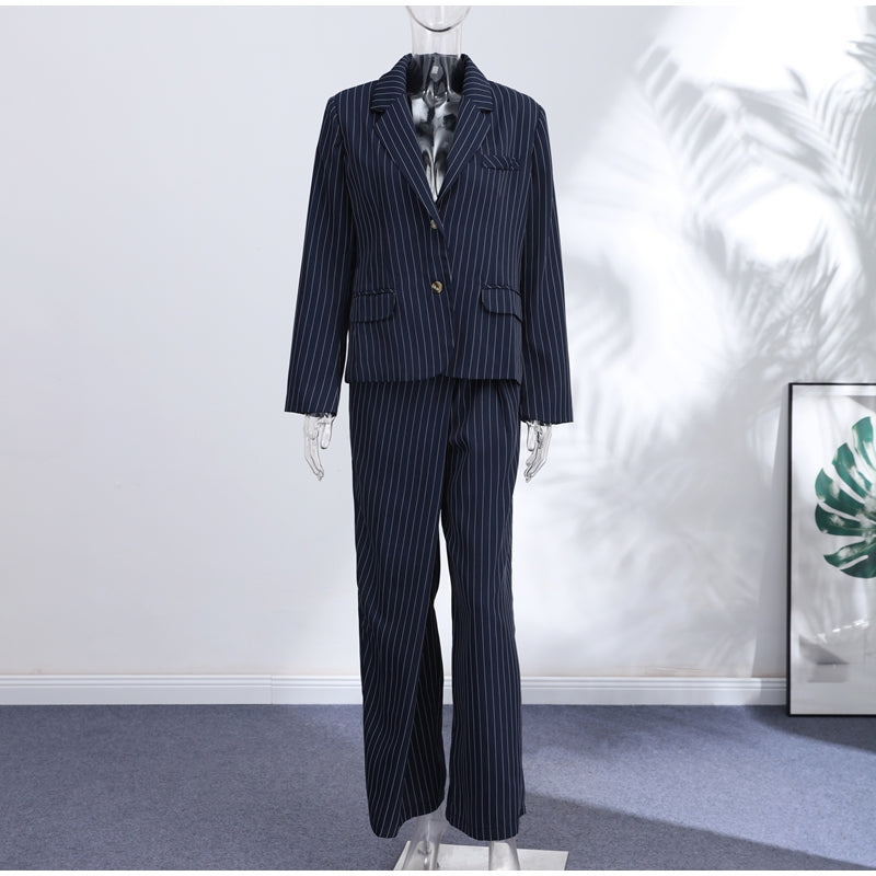 Pinstripe Blazer Pants Set – Backless Tie Waist Two Piece Office Suit with Wide Leg Trousers for Modern Business Fashion