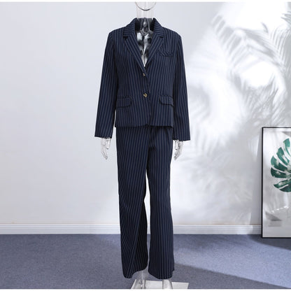 Pinstripe Blazer Pants Set – Backless Tie Waist Two Piece Office Suit with Wide Leg Trousers for Modern Business Fashion