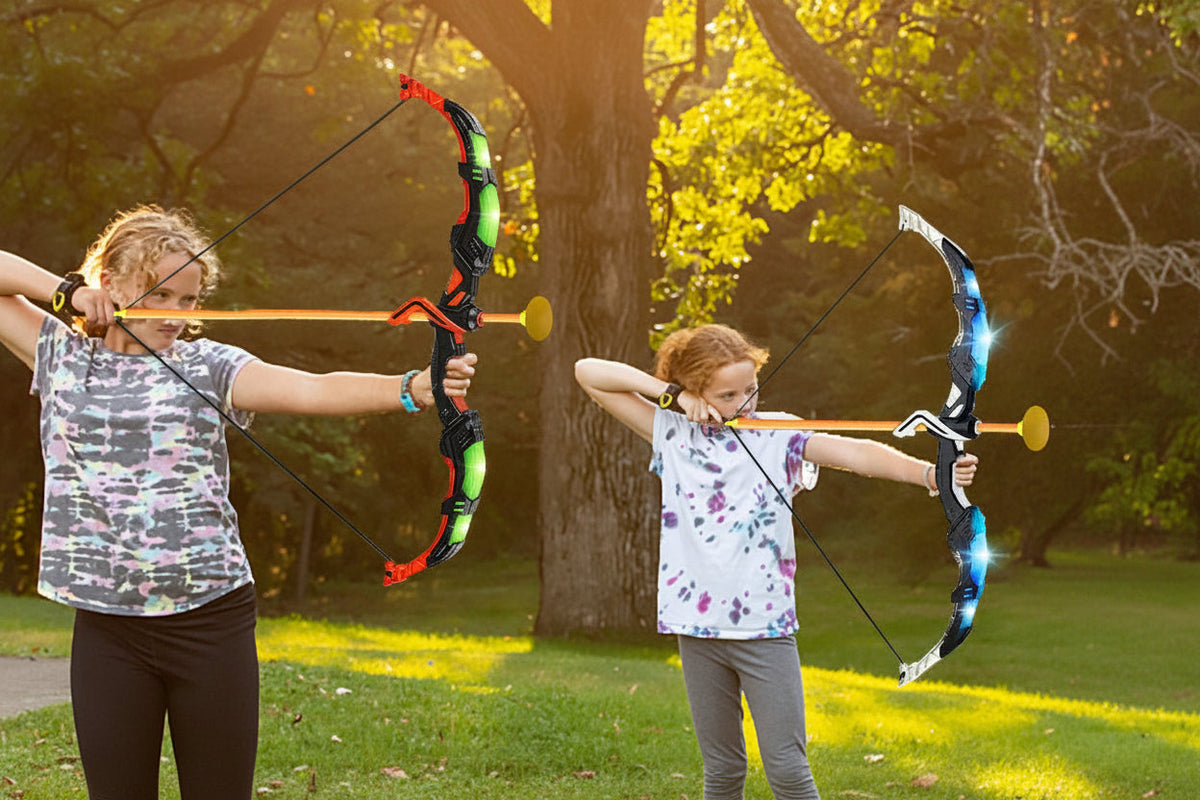 Archery Toy Set - Kids Bow and Arrow Game with Target Board, Night Lights and Indoor Outdoor Family Fun