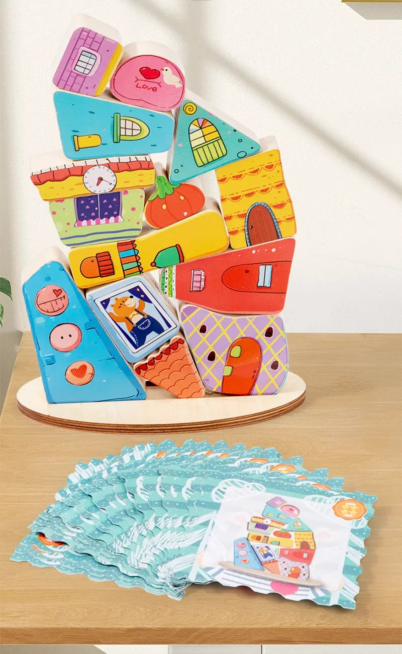 Wooden House Stacking Puzzle - Montessori Balance Game for Fine Motor Skills and Educational Learning