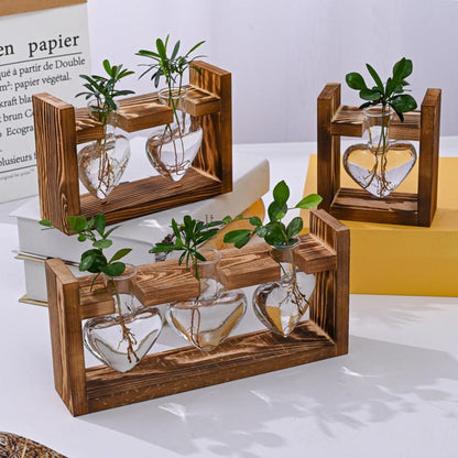 Glass Propagation Station – Tabletop Hydroponic Plant Vase with Wooden Tray for Home, Office and Elegant Botanical Display