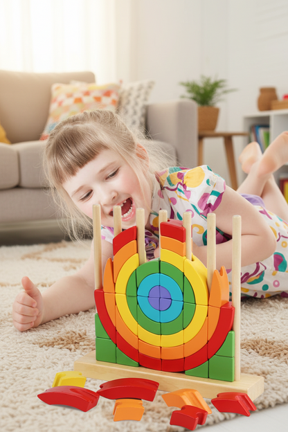 Montessori Rainbow Stacking Blocks – Wooden Color Matching Puzzle for Fine Motor Skills and Early Learning