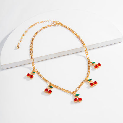 Red Cherry Pendant Necklace – Sweet Romantic Gold Tone Clavicle Chain Jewelry for Women and Girls, Fashionable Gift for Parties and Dates