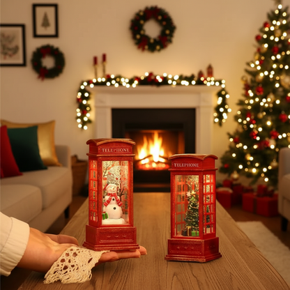 Christmas Phone Booth Ornament – Lighted Santa Snowman Village Decoration for Festive Window Displays