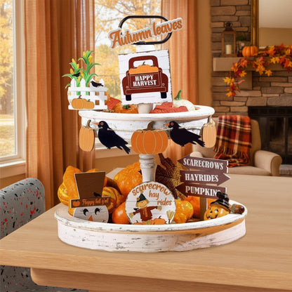 Fall Harvest Tiered Tray Decor Set – 10 Piece Thanksgiving Decoration Collection with Pumpkins, Crow Banner, Truck and Scarecrow Signs