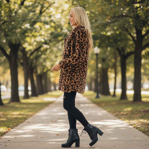 Leopard Print Faux Fur Coat-Womens Fashion Overcoat with Turn Down Collar and Cozy Winter Elegance