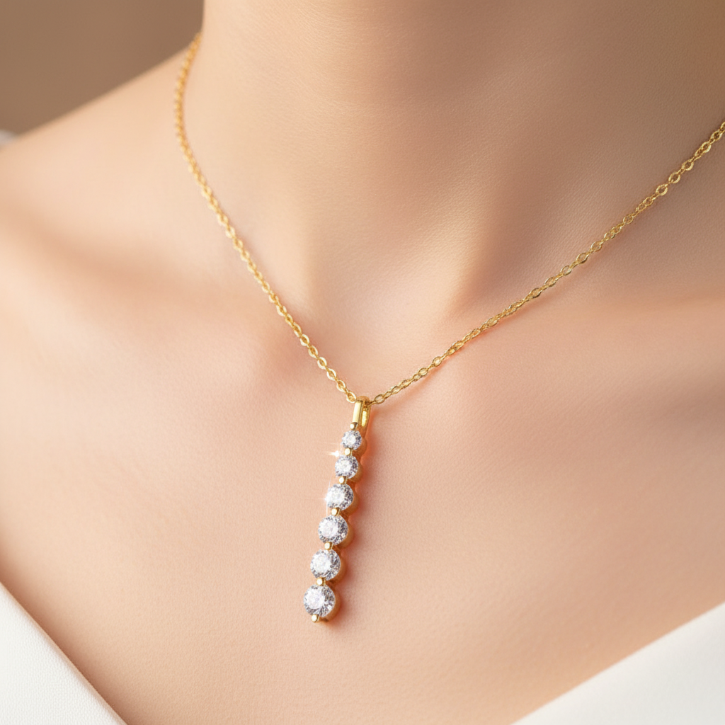 Five-Stone Moissanite Drop Necklace – Brilliant 14K Gold-Filled Long Pendant for Women, Wedding Jewelry, Romantic Gifts and Sophisticated Evening Styling