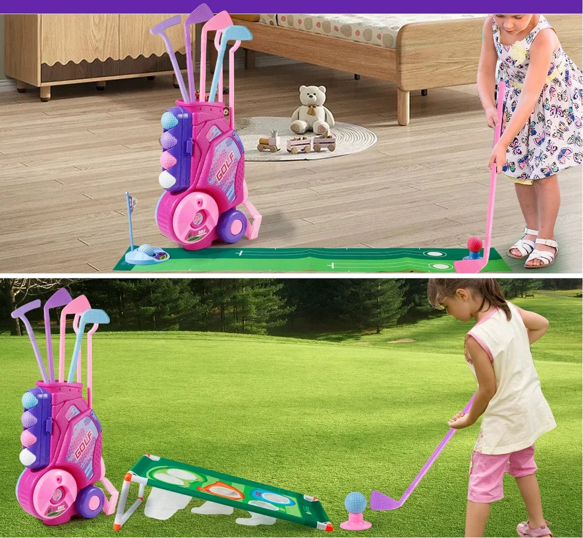 Portable Pink Golf Toy Set - Indoor Outdoor Sports Game with Golf Cart and Balls for Kids Active Play