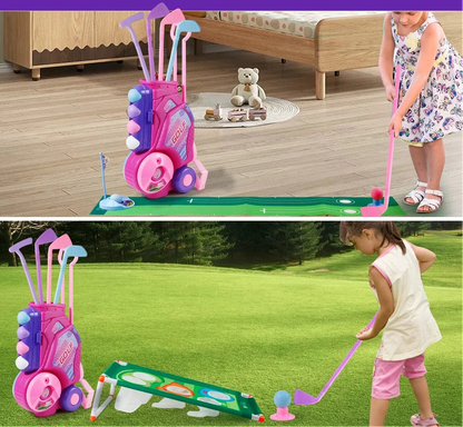 Portable Pink Golf Toy Set - Indoor Outdoor Sports Game with Golf Cart and Balls for Kids Active Play