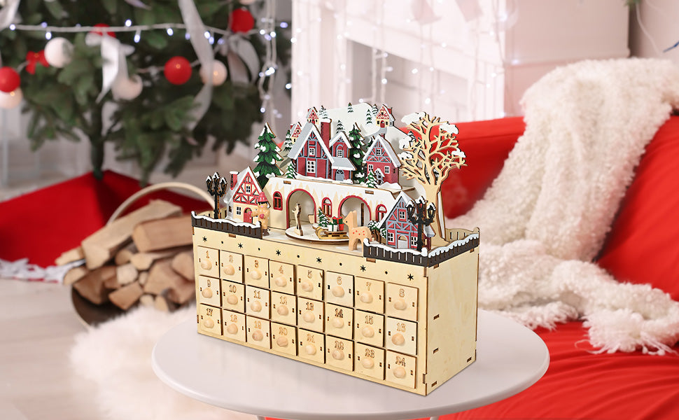 Wooden 24 Drawer Advent Calendar – Refillable Christmas Countdown Organizer for Holiday Surprises and Family Traditions