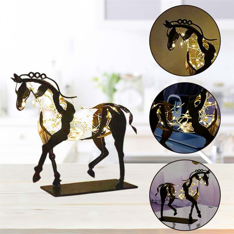 LED Metal Horse Statue – Rustic Decorative Horse Sculpture with Warm Lighting for Home Office Desk Display