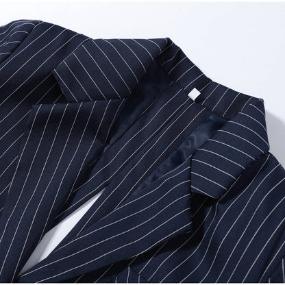 Pinstripe Blazer Pants Set – Backless Tie Waist Two Piece Office Suit with Wide Leg Trousers for Modern Business Fashion