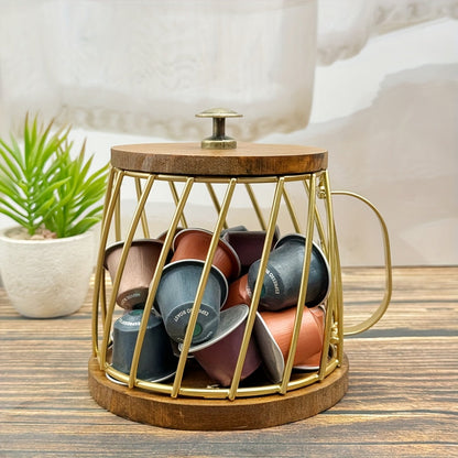 Mug-Shaped Coffee Pod Holder – Metal Capsule Storage Basket with Wooden Lid for Kitchen Countertops, Coffee Stations and Decorative Organization