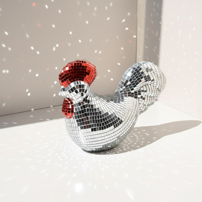 Chicken Disco Ball Sculpture – Mirror Mosaic Home Decor Ornament for Parties, Farmhouse Displays and Unique Gift Ideas