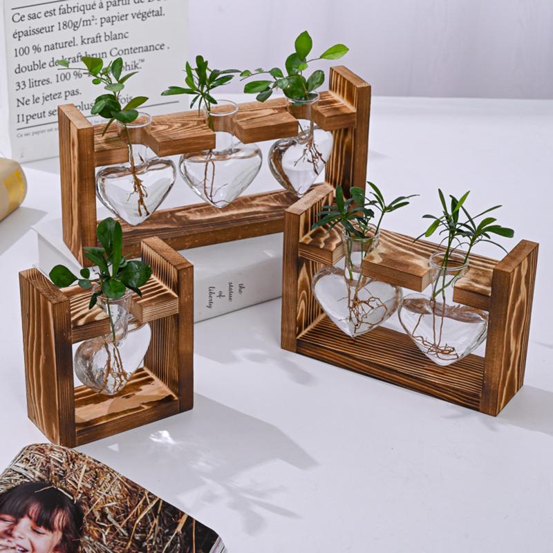 Glass Propagation Station – Tabletop Hydroponic Plant Vase with Wooden Tray for Home, Office and Elegant Botanical Display