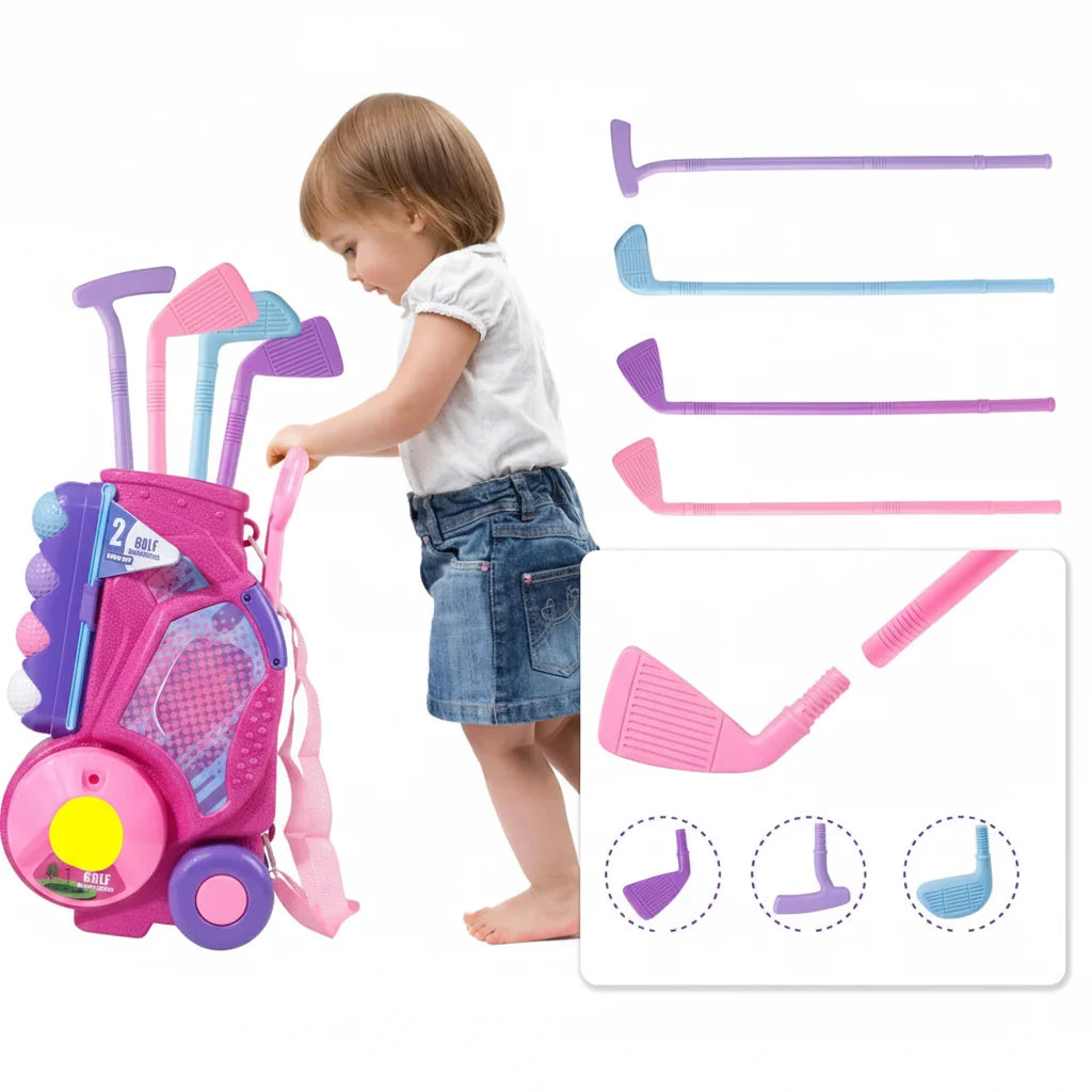 Portable Pink Golf Toy Set - Indoor Outdoor Sports Game with Golf Cart and Balls for Kids Active Play