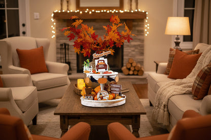 Fall Harvest Tiered Tray Decor Set – 10 Piece Thanksgiving Decoration Collection with Pumpkins, Crow Banner, Truck and Scarecrow Signs