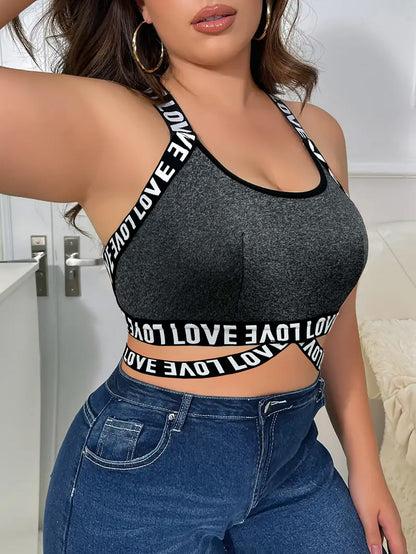 Plus-Size Cutout Sports Bra – Letter Print Wireless Crop Top with Hollow Front and Back Design for Workouts, Gym Training and Athleisure Style