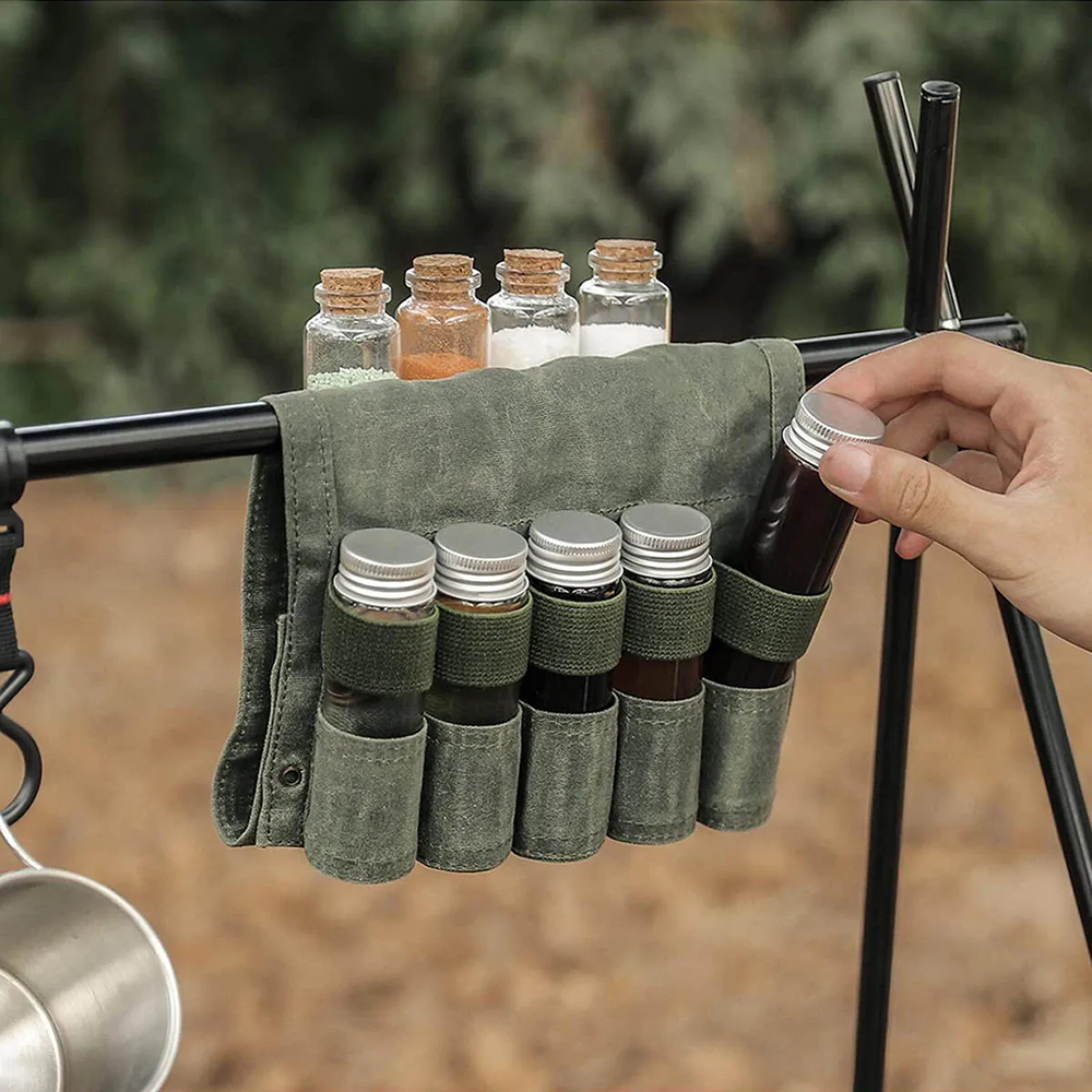 Camping Seasoning Bag Set – 9-Piece Canvas Jar Organizer for Spices, Barbecue Essentials and Picnic Condiments with Portable Outdoor Storage
