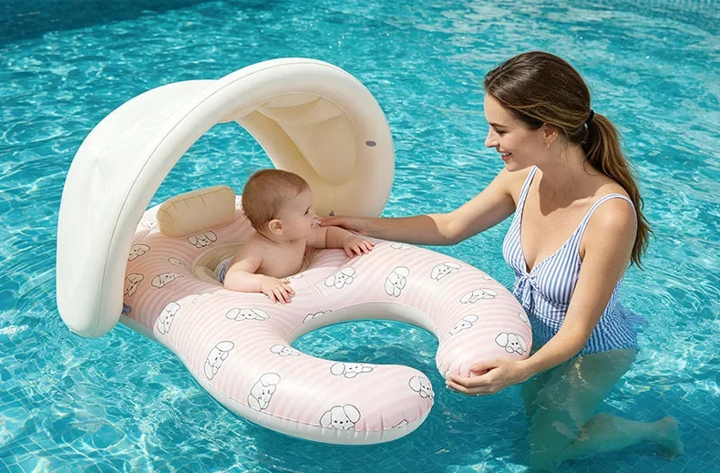 Mother and Baby Swimming Ring – Double Seat Inflatable Pool Float with Shade Canopy for Family Swimming, Baby Water Play and Summer Fun