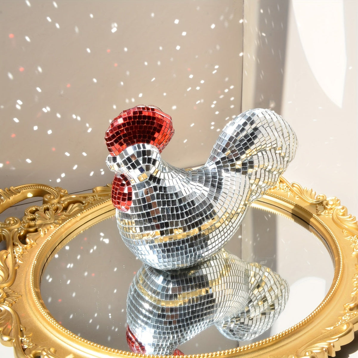 Chicken Disco Ball Sculpture – Mirror Mosaic Home Decor Ornament for Parties, Farmhouse Displays and Unique Gift Ideas
