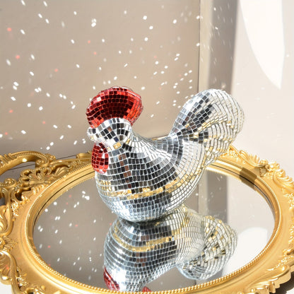 Chicken Disco Ball Sculpture – Mirror Mosaic Home Decor Ornament for Parties, Farmhouse Displays and Unique Gift Ideas