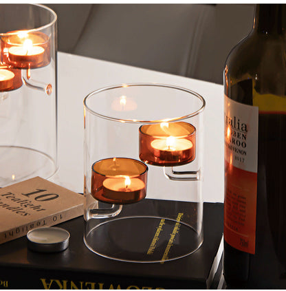 European Glass Candle Holder – Windproof Brown Cylindrical Candle Stand for Dining Tables, Weddings and Elegant Home Decor