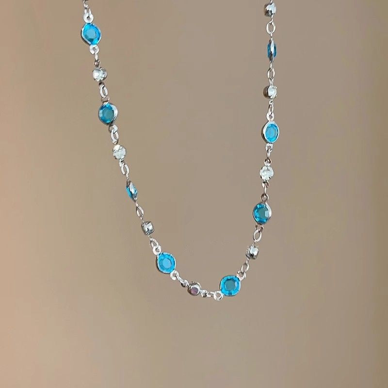 Blue Crystal Butterfly Necklace – Romantic Zircon Clavicle Chain with Elegant Double-Layer Design for Women, Girls, Weddings and Parties