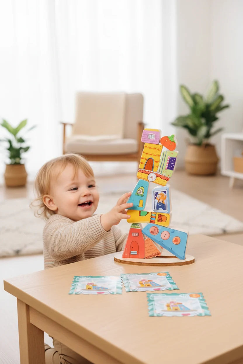 Wooden House Stacking Puzzle - Montessori Balance Game for Fine Motor Skills and Educational Learning