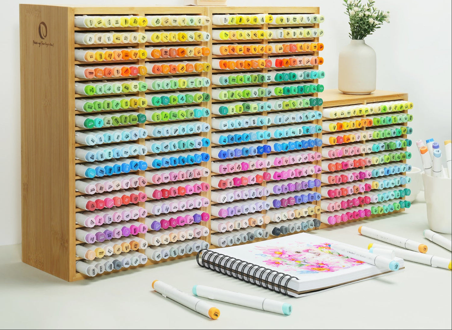 Bamboo Marker Organizer – Wooden Desktop Storage Holder for 126 Markers, Pens, Pencils and Art Brushes, Space-Saving Stationery Organizer