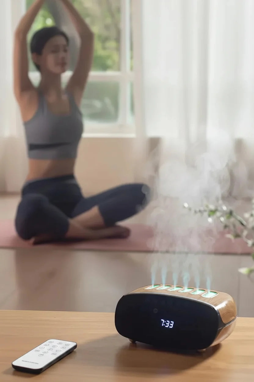Bluetooth Speaker Humidifier – Dynamic Pickup Clock Mist Diffuser with Ambient RGB Lighting for Bedroom and Office Relaxation