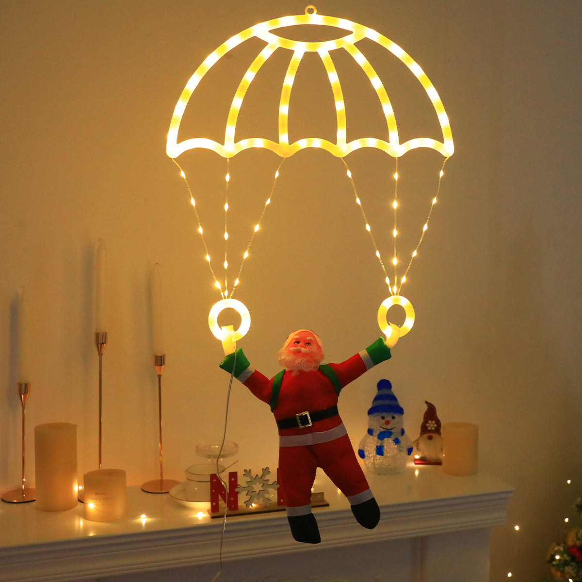 Santa Parachute Window Lights – Christmas LED Hanging Decoration with Lantern String for Festive Indoor Displays