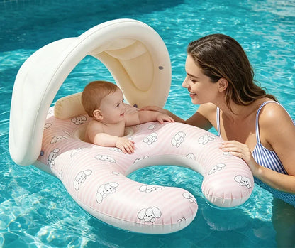 Mother and Baby Swimming Ring – Double Seat Inflatable Pool Float with Shade Canopy for Family Swimming, Baby Water Play and Summer Fun