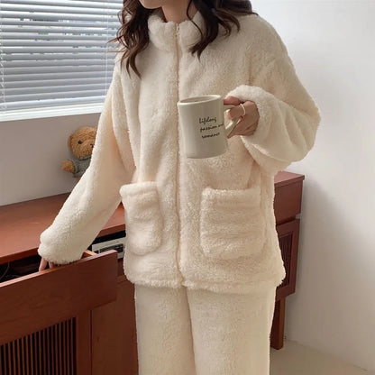 Women’s Turtleneck Pajama Set – Thick Warm Korean Sleepwear for Cozy Winter Lounging and Relaxation