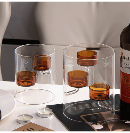 European Glass Candle Holder – Windproof Brown Cylindrical Candle Stand for Dining Tables, Weddings and Elegant Home Decor