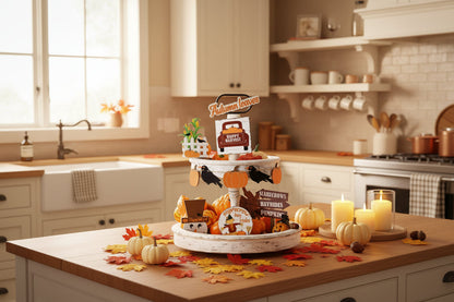 Fall Harvest Tiered Tray Decor Set – 10 Piece Thanksgiving Decoration Collection with Pumpkins, Crow Banner, Truck and Scarecrow Signs