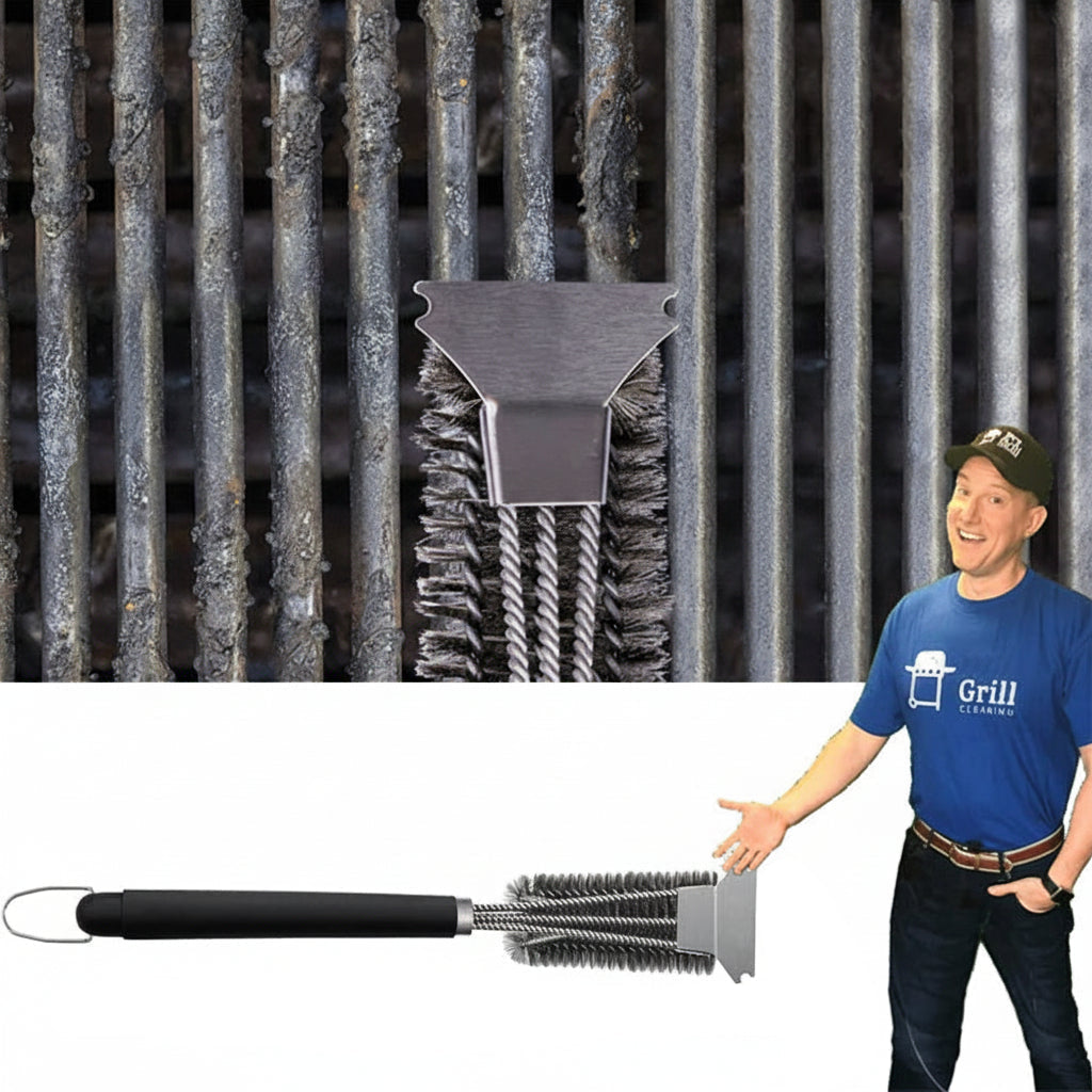 Stainless Steel Grill Brush – 18-Inch Heavy Duty BBQ Cleaning Tool with Scraper and Deluxe Handle for Safe Outdoor Grill Maintenance