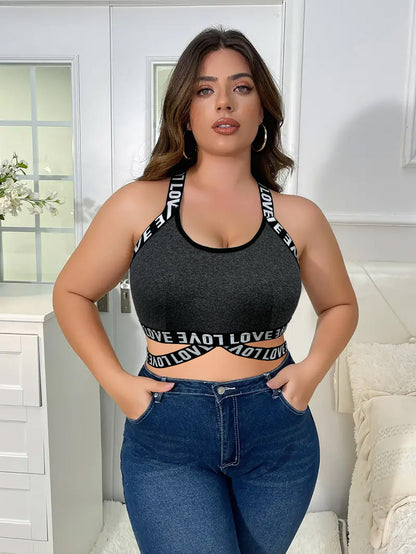 Plus-Size Cutout Sports Bra – Letter Print Wireless Crop Top with Hollow Front and Back Design for Workouts, Gym Training and Athleisure Style