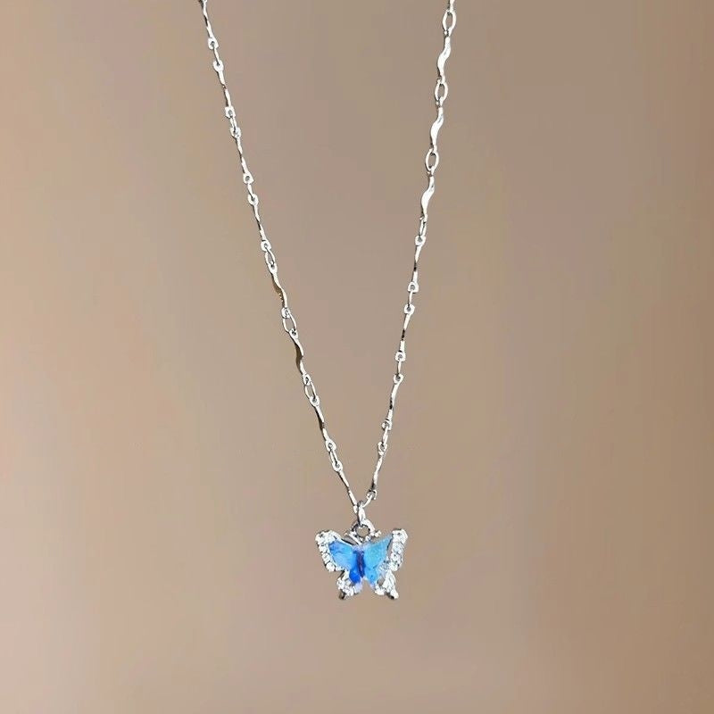 Blue Crystal Butterfly Necklace – Romantic Zircon Clavicle Chain with Elegant Double-Layer Design for Women, Girls, Weddings and Parties