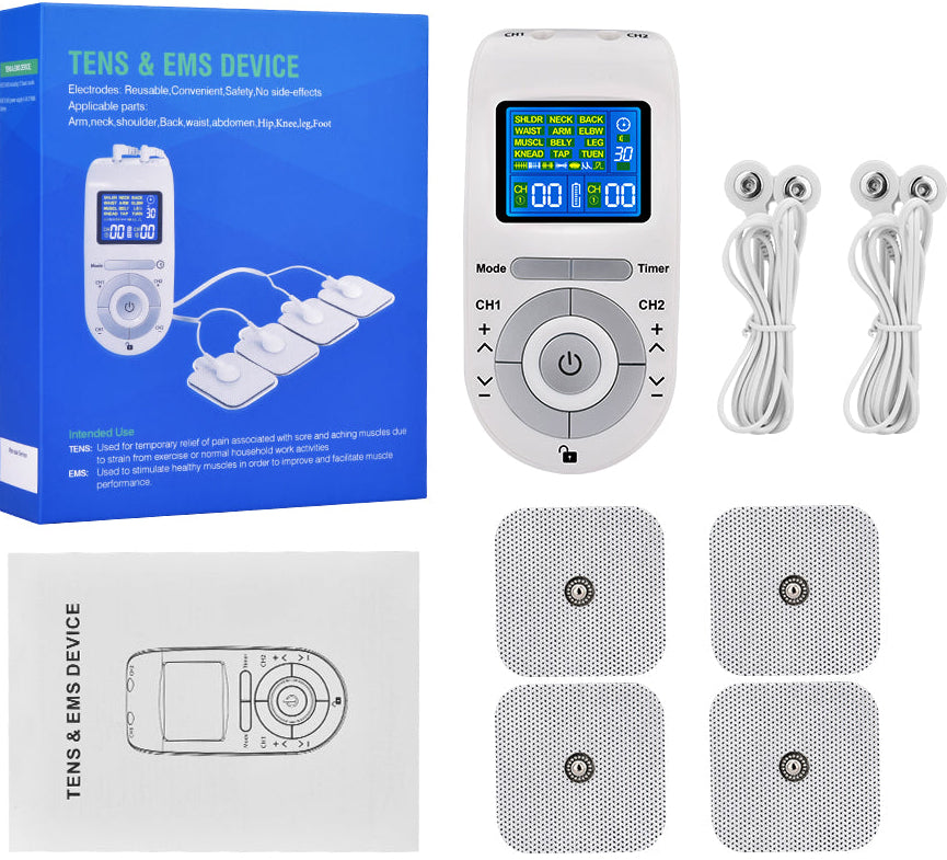 EMS TENS Massage Unit – Dual Channel Electronic Pulse Stimulator with 15 Modes for Muscle Relaxation, Back and Neck Stress Relief