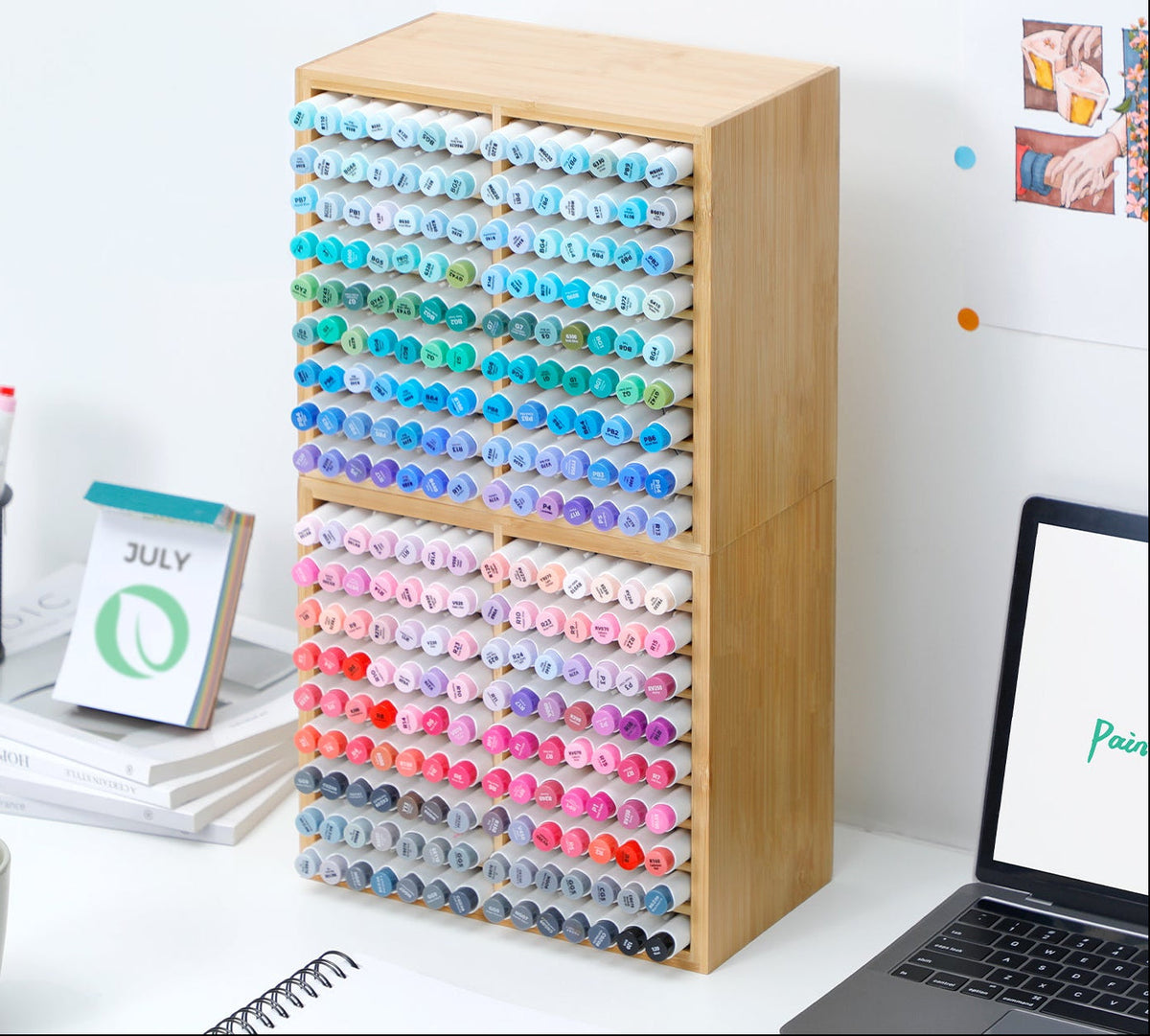 Bamboo Marker Organizer – Wooden Desktop Storage Holder for 126 Markers, Pens, Pencils and Art Brushes, Space-Saving Stationery Organizer
