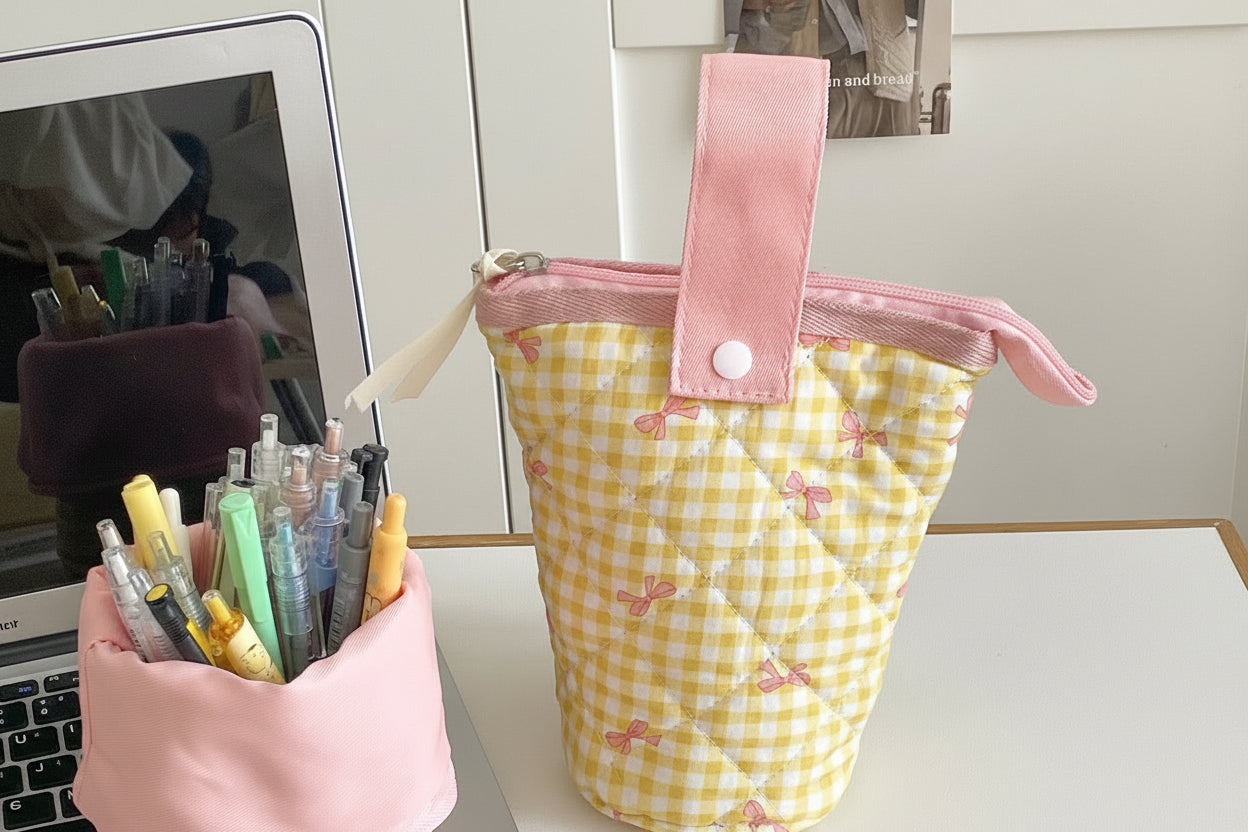 Grid Bow Pencil Case – Vertical Flip Up Stationery Organizer with Dopamine Color Design for School and Office Storage