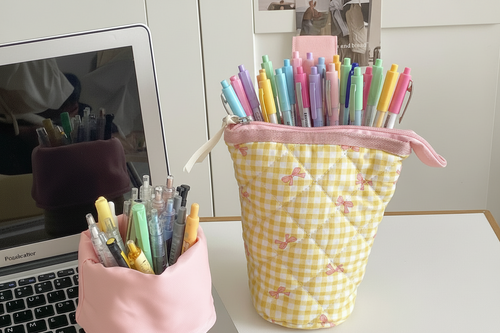 Grid Bow Pencil Case – Vertical Flip Up Stationery Organizer with Dopamine Color Design for School and Office Storage