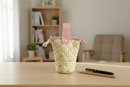 Grid Bow Pencil Case – Vertical Flip Up Stationery Organizer with Dopamine Color Design for School and Office Storage